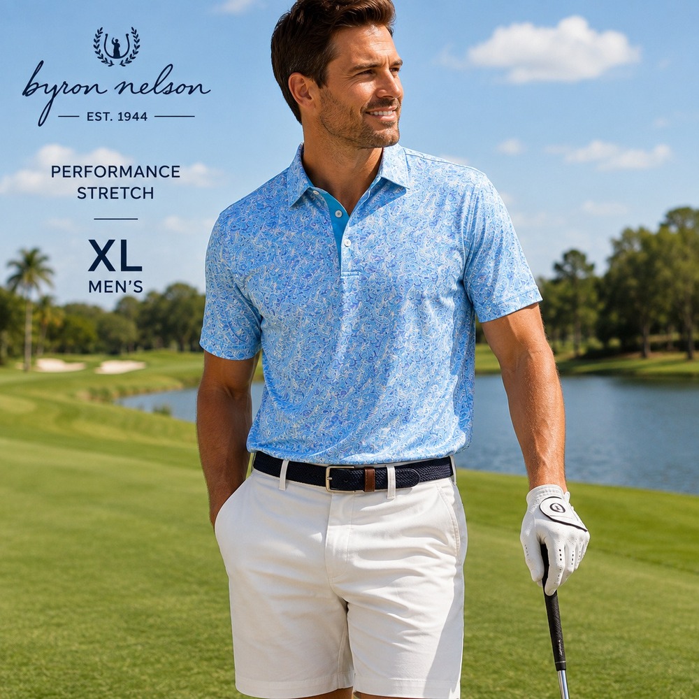 Byron Nelson Polo Shirt Mens XL Blue Paisley Golf Performance Stretch Short Slve